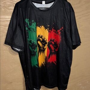 Black Graphic T-Shirt with Red, Green, and Yellow Design